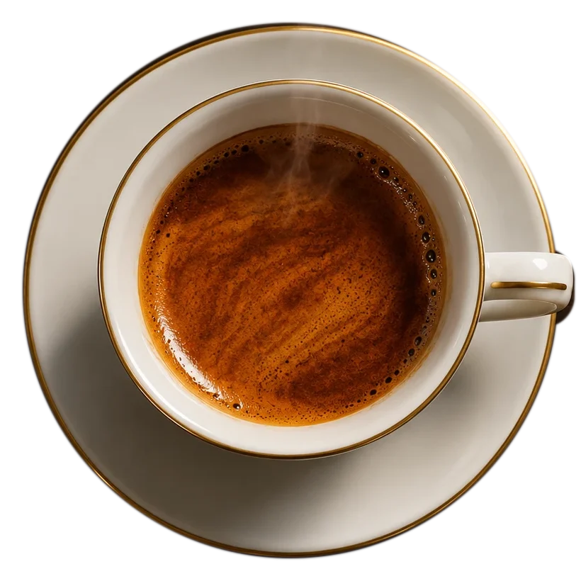 Espresso z gosto kremo v beli skodelici z zlatim robom, pogled od zgoraj